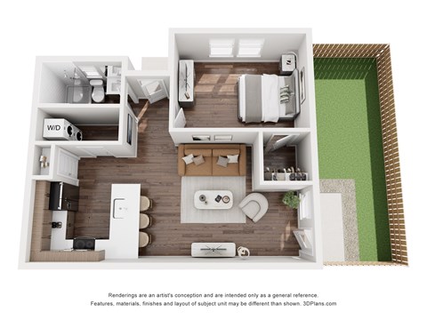 A 3D floor plan of a small apartment with a kitchen, living room, and bathroom.